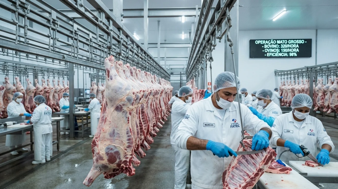 Pessoas trabalhando em frigorífico