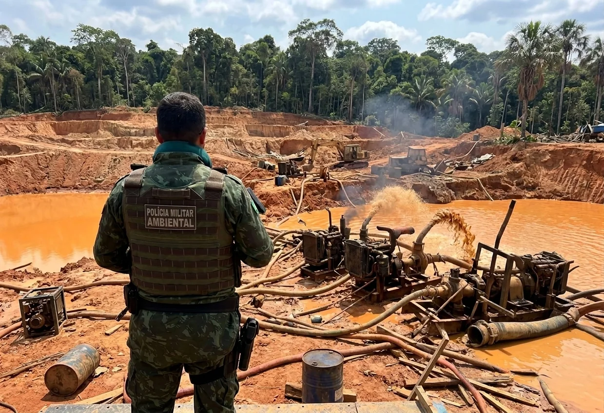Polícia Ambiental fecha garimpo ilegal e apreende nove maquinários após monitoramento por satélite em Novo Mundo