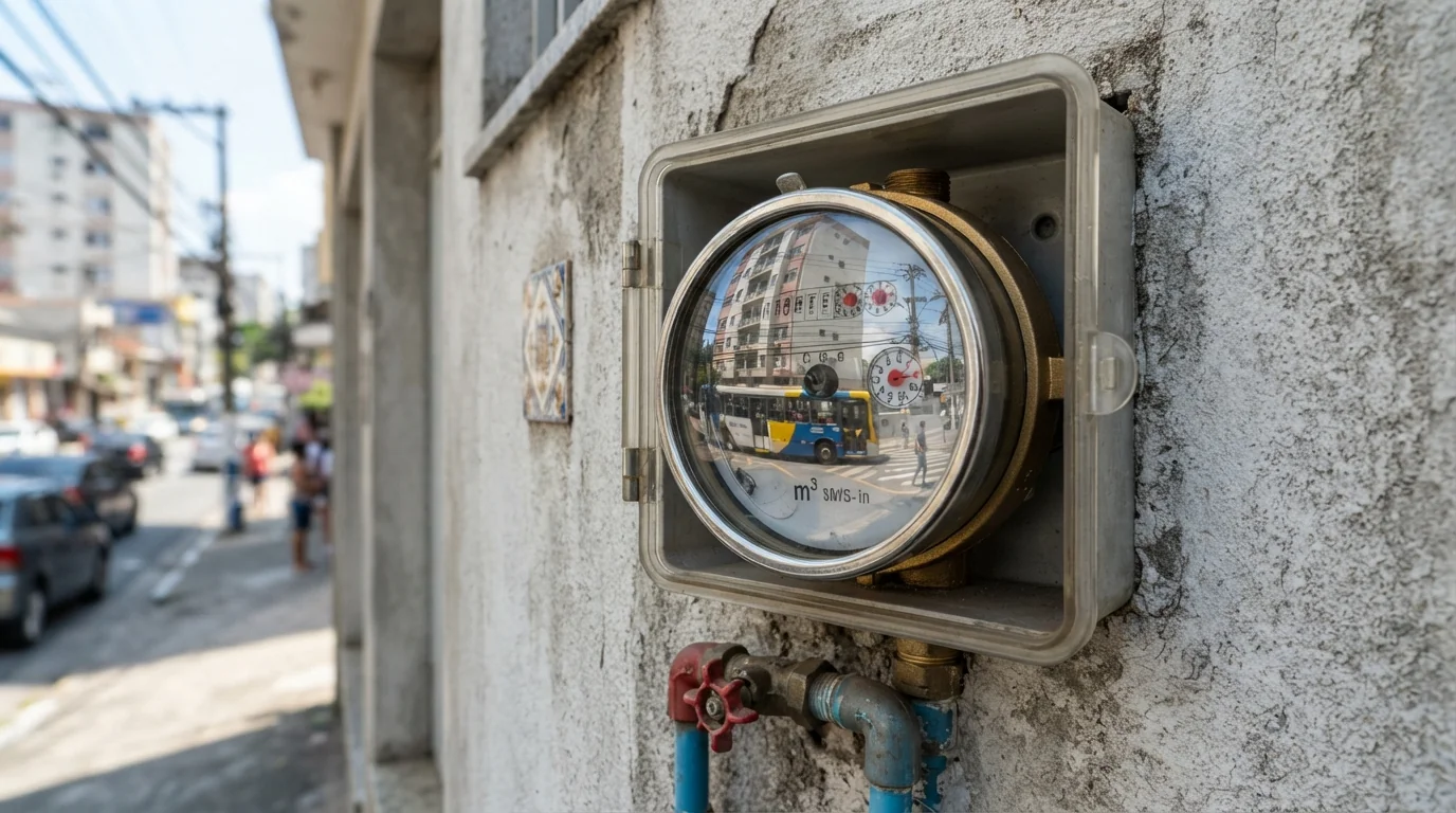 Hidrômetro de água instalado em fachada residencial com reflexo urbano