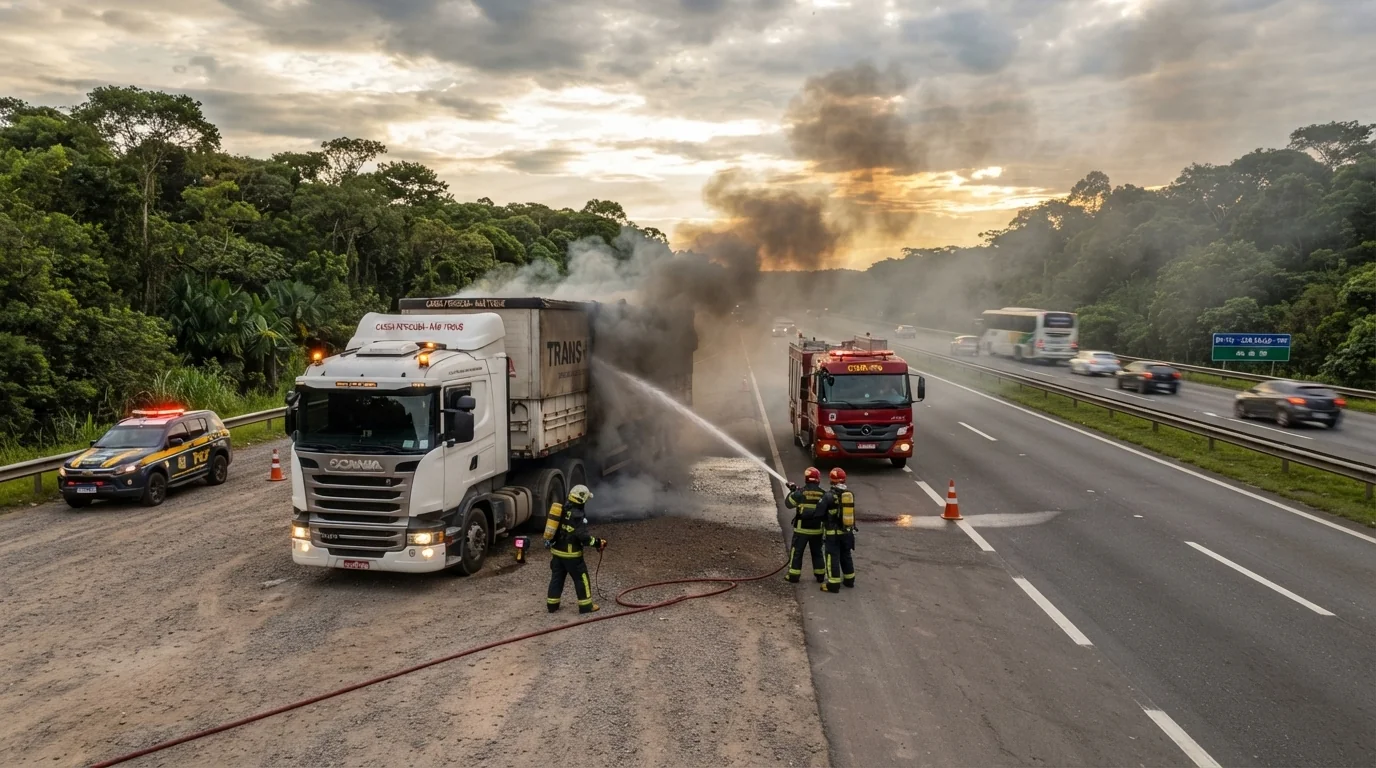 Carreta carregada com cavaco de madeira pega fogo na BR-163 em Lucas do Rio Verde; bombeiros controlam chamas