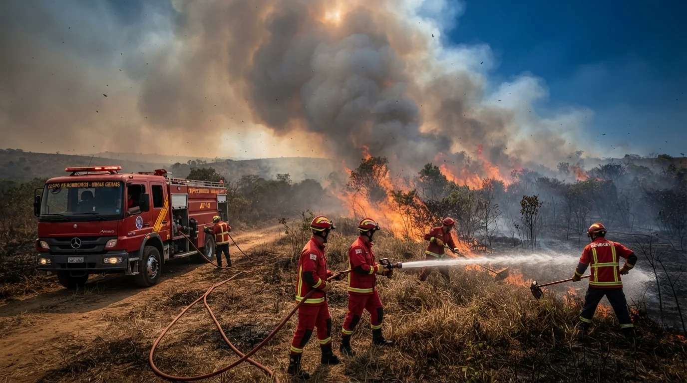 Bombeiros militares em combate a incêndio florestal com cortina de fumaça e caminhão ABT em área de vegetação