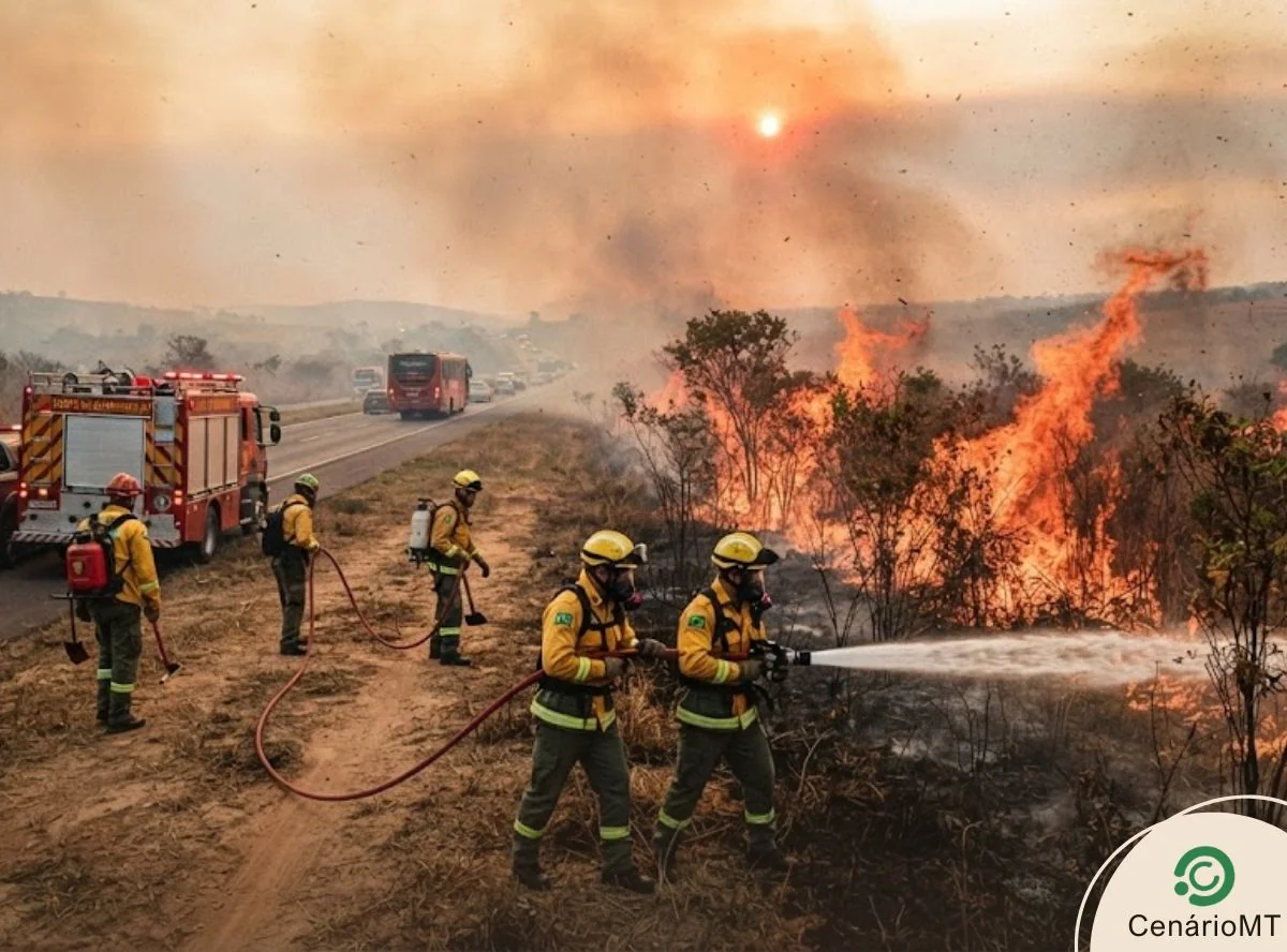 Bombeiros combatem incêndio de grande proporção às margens da MT-130 em Paranatinga; estado registra 227 focos em 24h