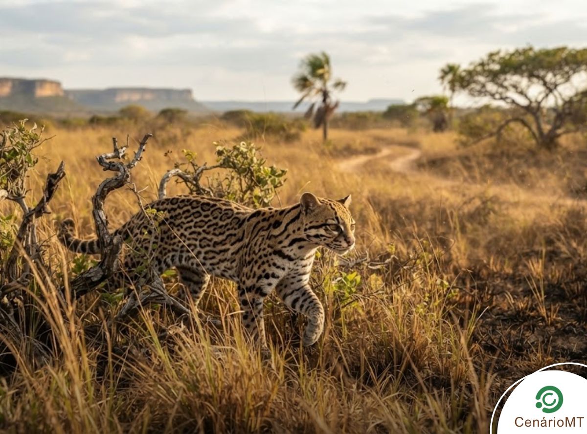 Jaguatirica em seu habitat natural no Cerrado de Mato Grosso