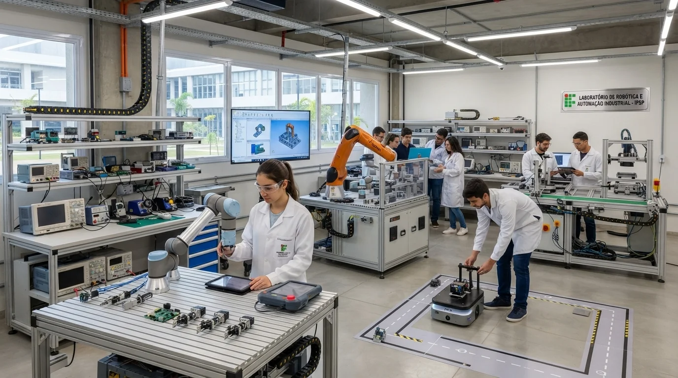 Estudantes em laboratório de robótica e automação industrial utilizando equipamentos modernos
