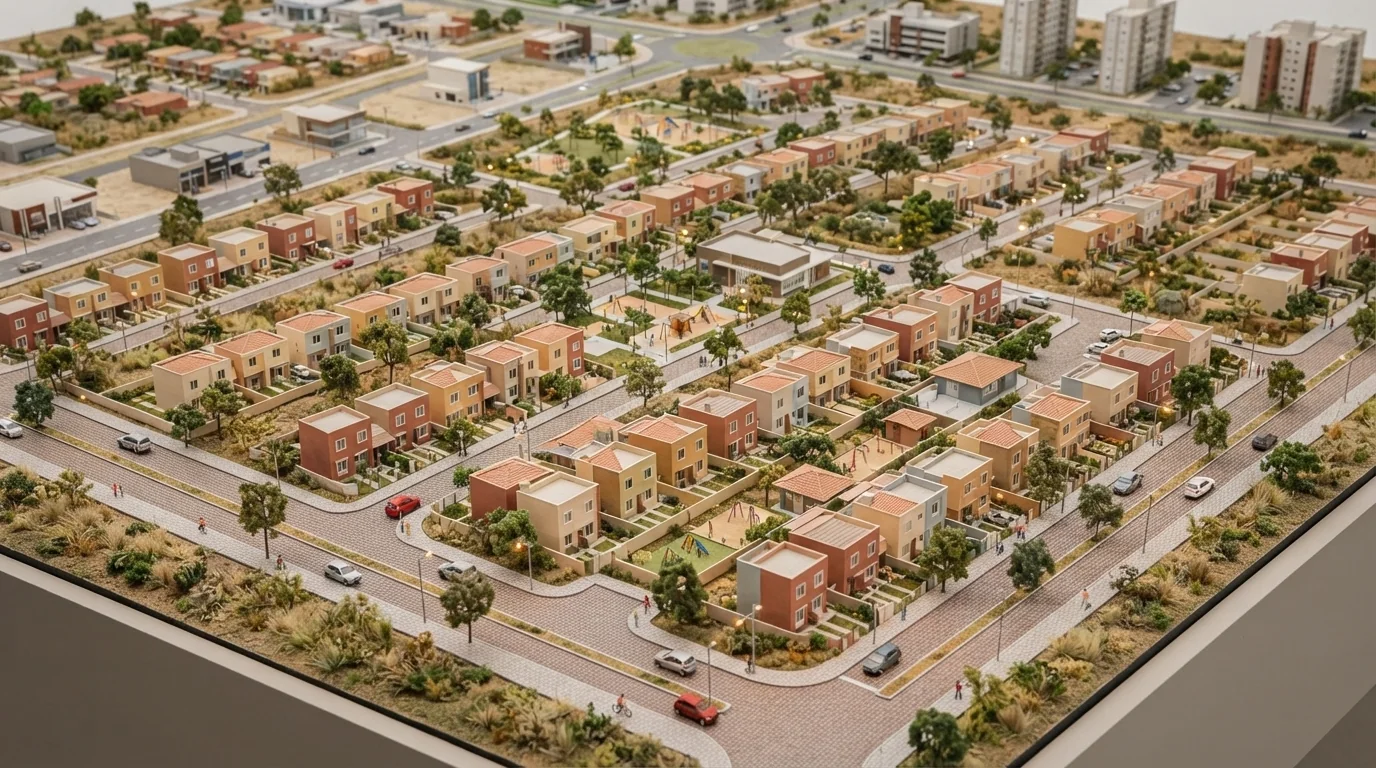Maquete arquitetônica de conjunto habitacional moderno com casas populares organizadas em loteamento urbano