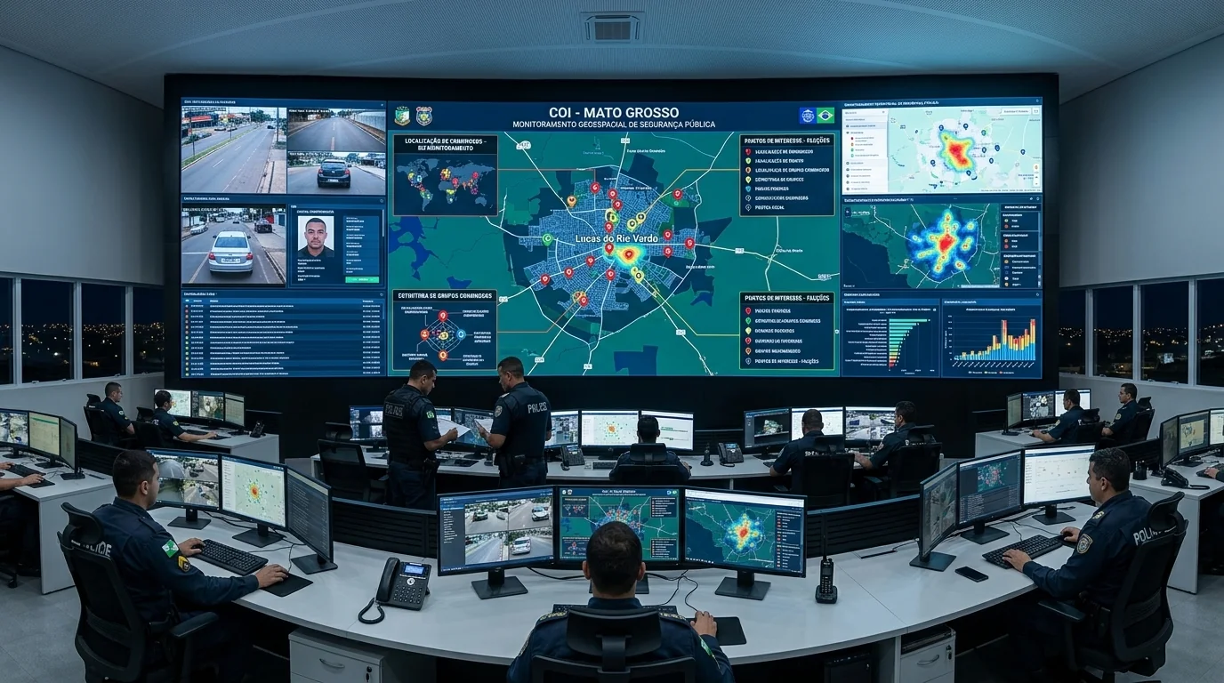 Central de monitoramento de segurança pública com telas exibindo mapas e geolocalização de criminosos