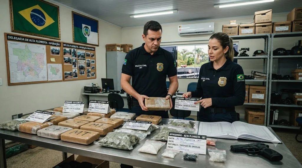 Policiais observando mesa cheia de entorpecentes