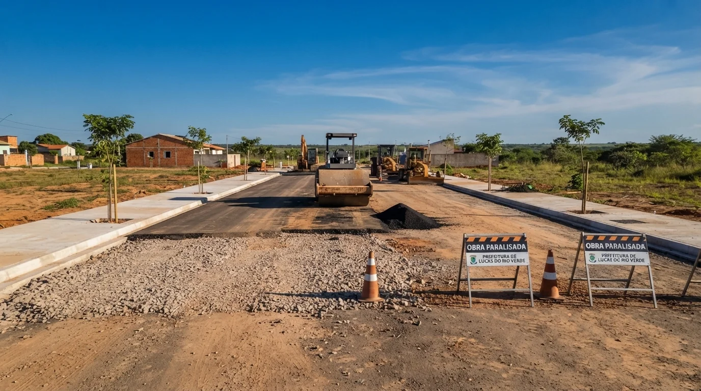 Canteiro de obras de pavimentação paralisado em loteamento urbano