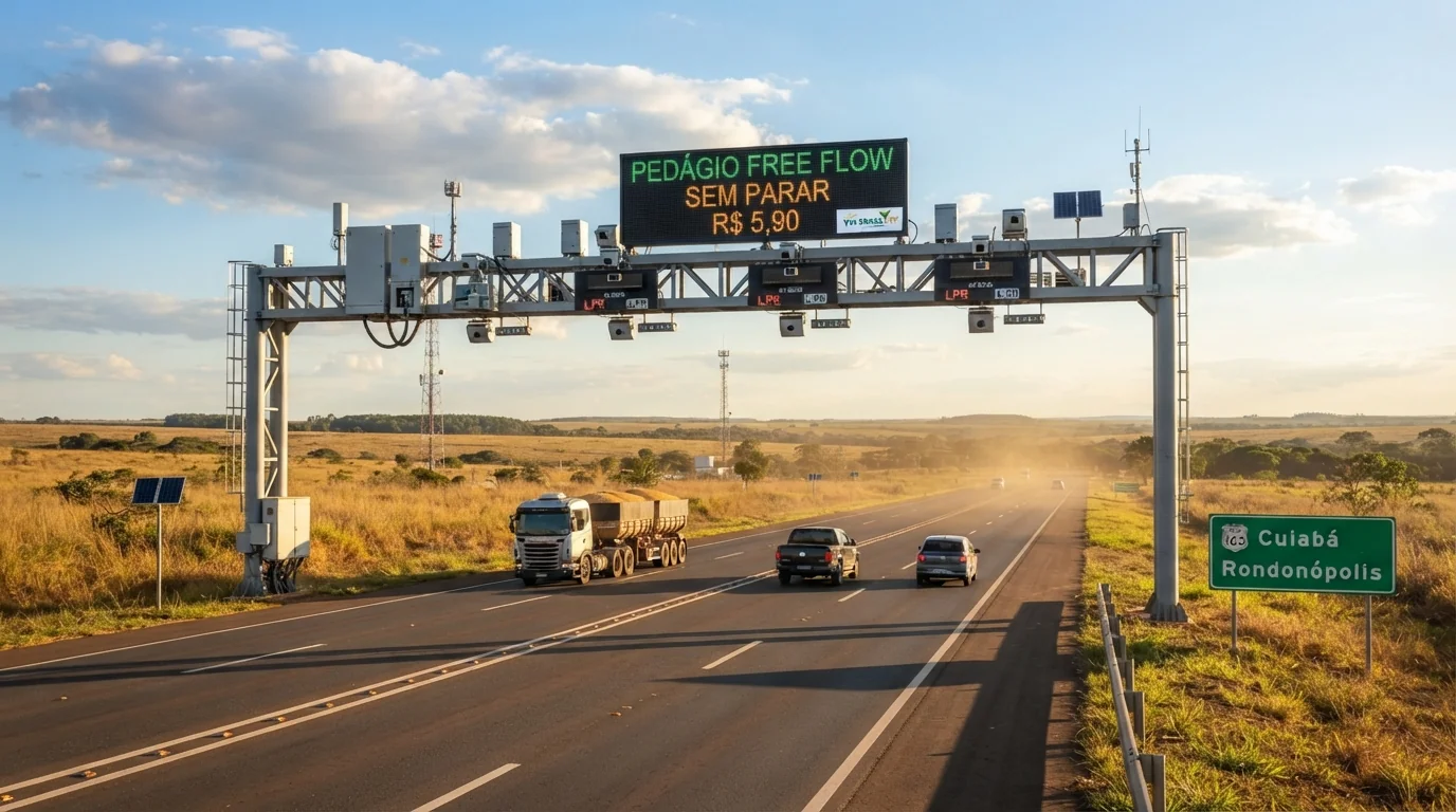 Pórtico eletrônico de pedágio Free Flow com câmeras em rodovia asfaltada em Mato Grosso