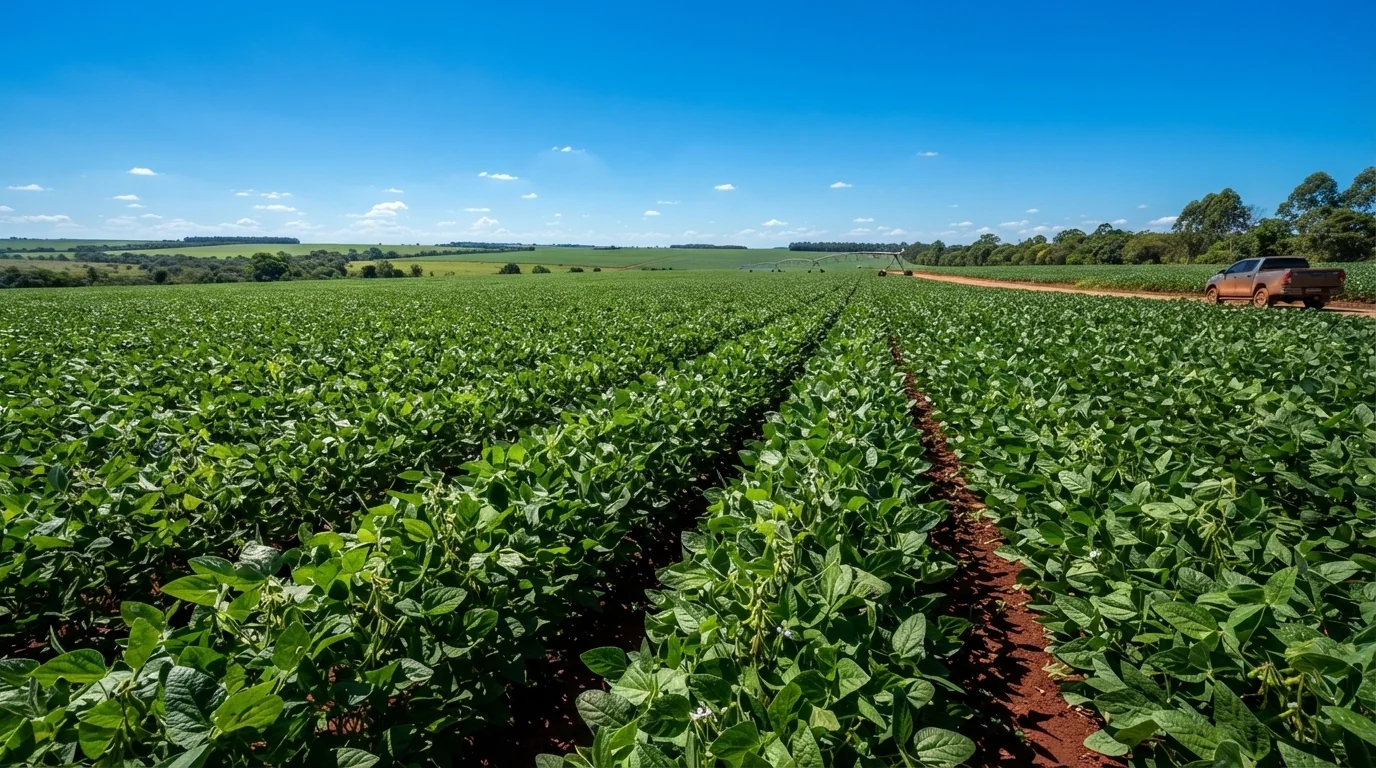Plantação de soja em estágio de desenvolvimento sob céu aberto com luz solar intensa no campo