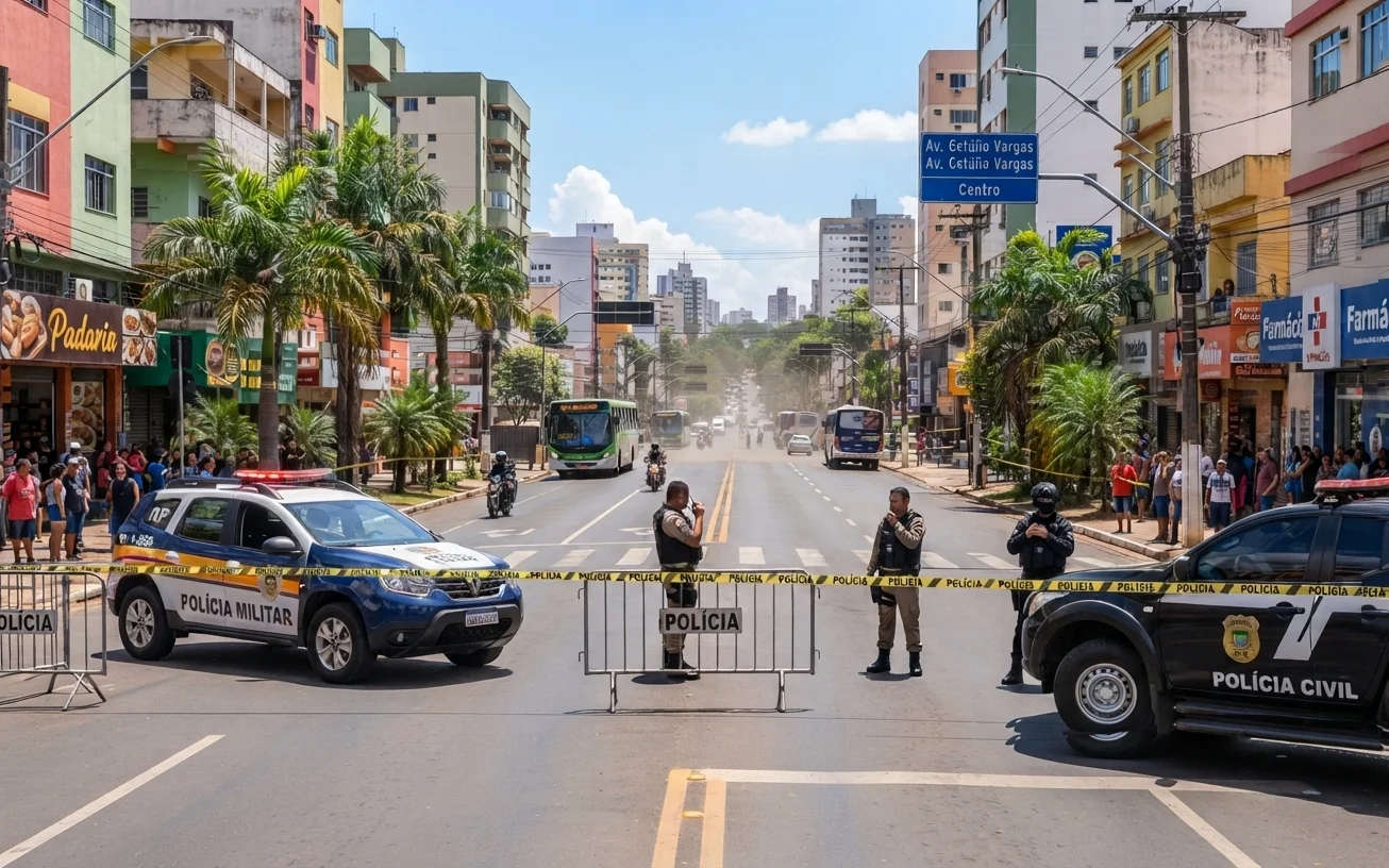 Trecho urbano movimentado com interdição policial e viaturas em avenida de Cuiabá