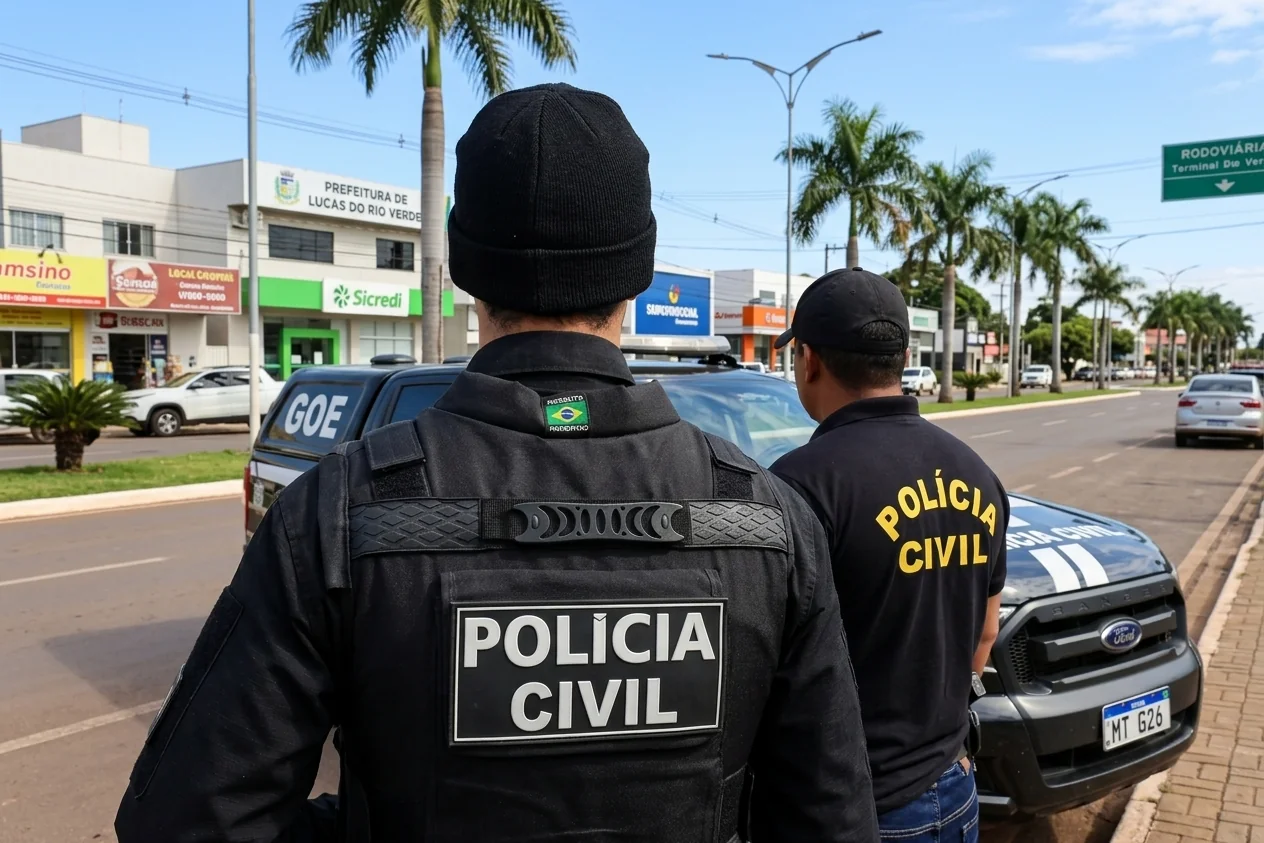 Policiais civis ao lado de viatura