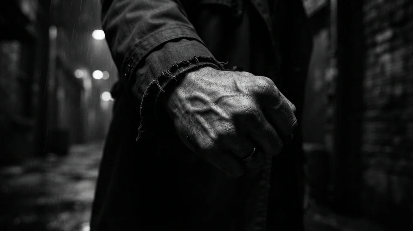 Uma foto artística e um punho cerrado em preto e branco, tom de suspense