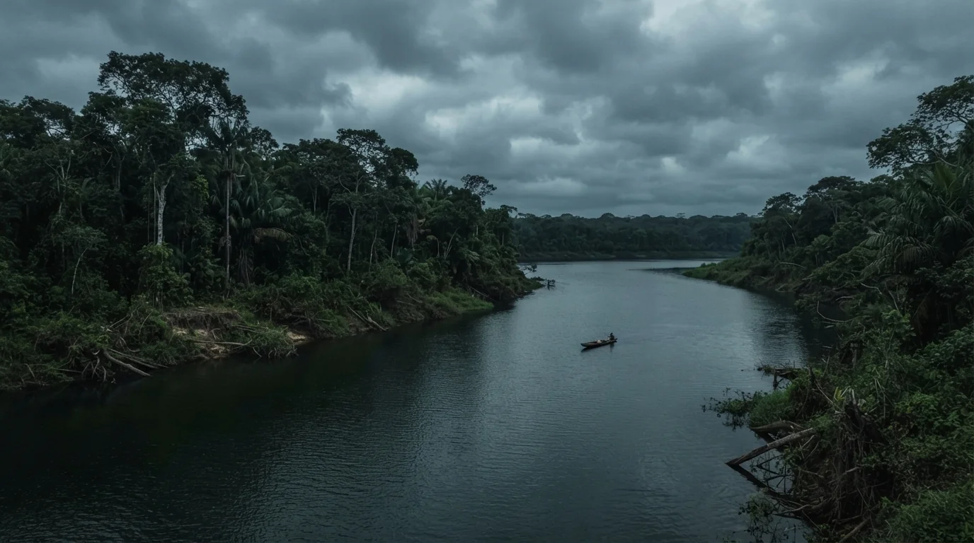 Rio largo com vegetação nas margens em Mato Grosso, clima nublado