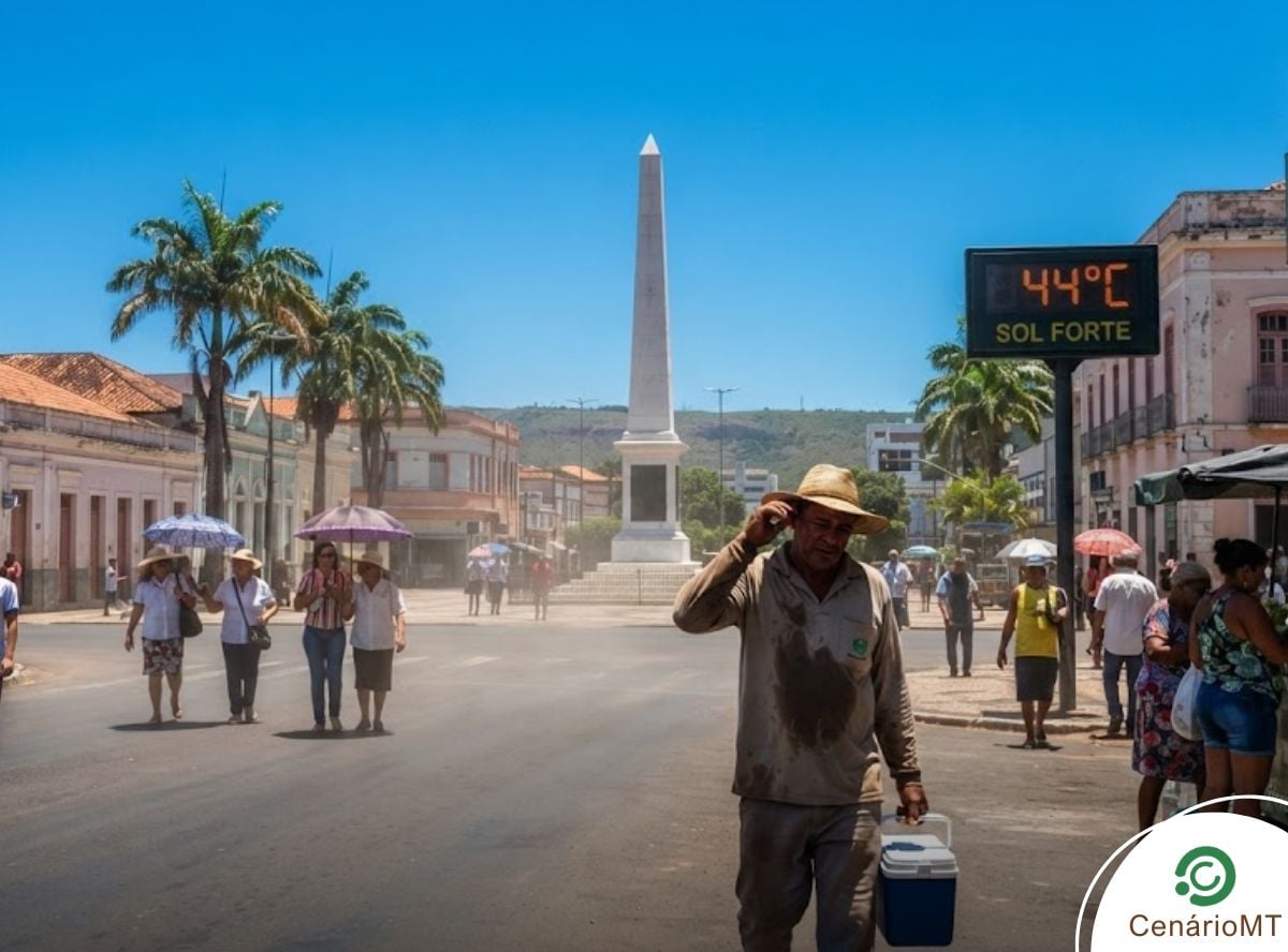Sol quente em Cuiabá, com um termômetro digital mostrando 44 graus celsius
