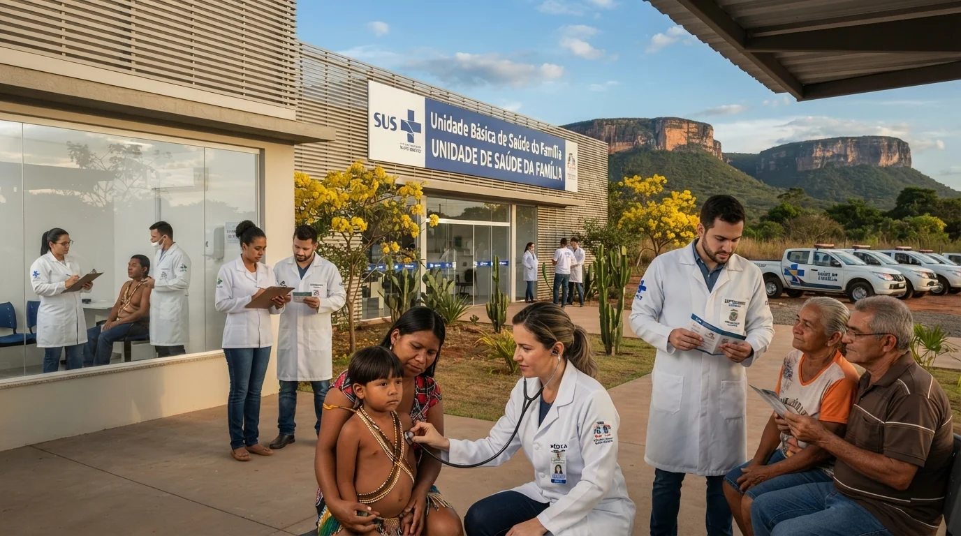 Foto de unidade de saúde com médicos atendendo cidadãos