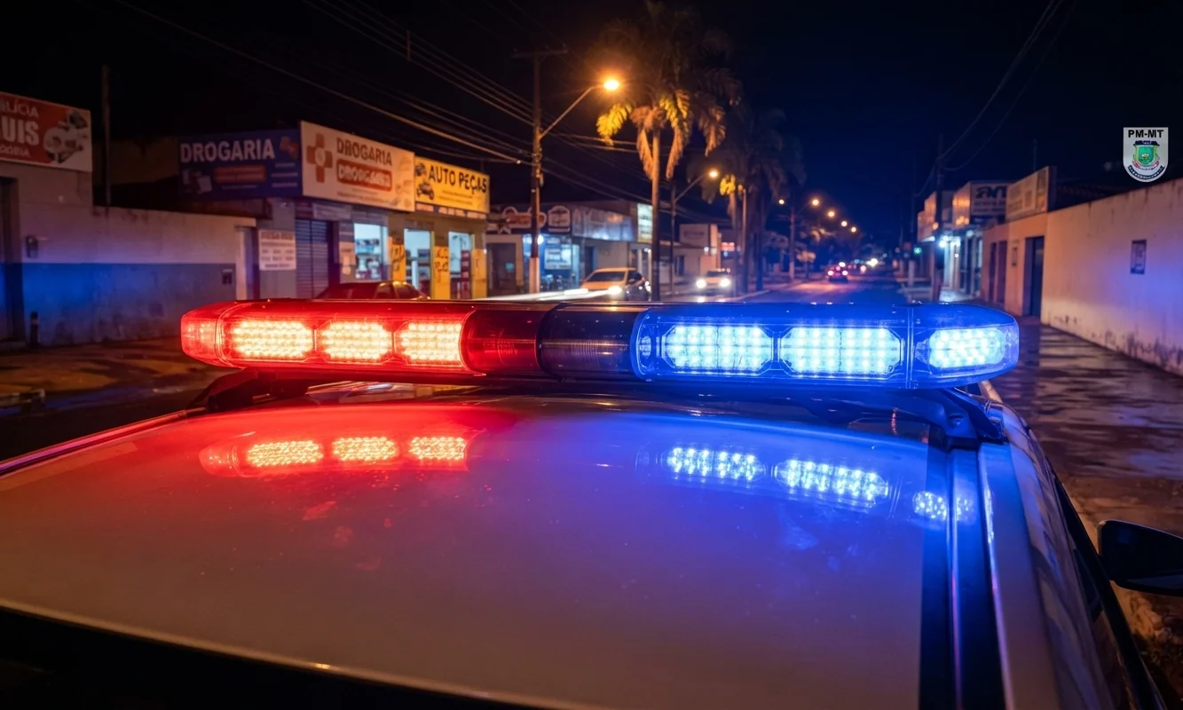 Viatura da polícia militar à noite em zona urbana