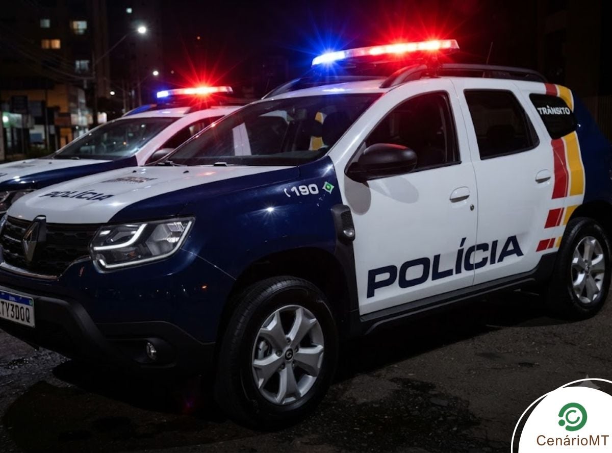 Viatura da PM de Mato Grosso à noite com as sirenes ligadas