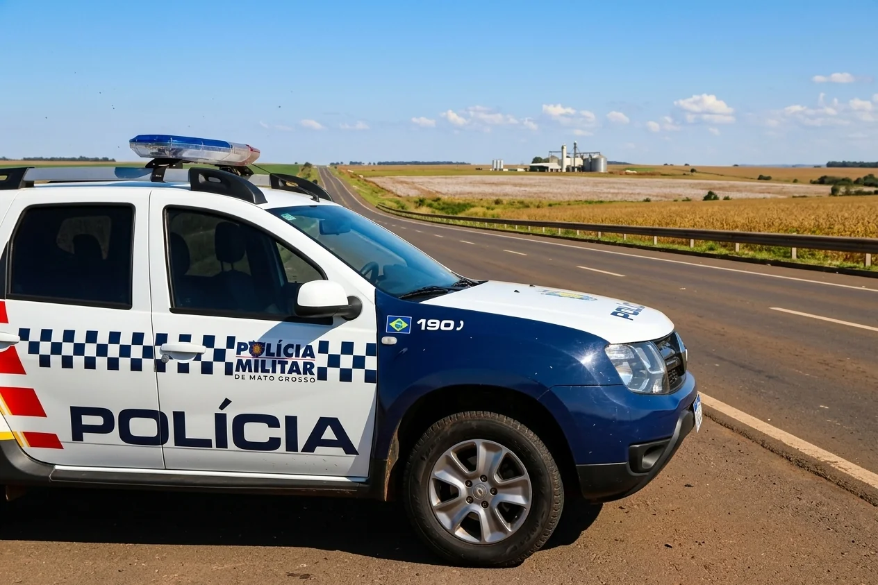 Viatura da PM estacionada em acostamento de rodovia