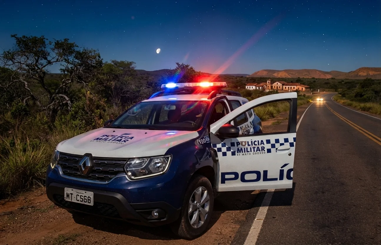 Viatura da polícia militar estacionada no acostamento da rodovia