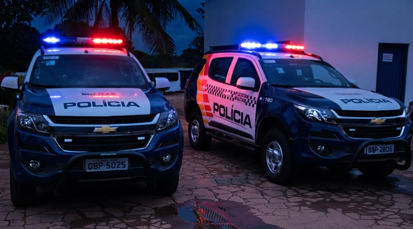 Duas viaturas da PM de Mato Grosso com as sirenes ligadas à noite, estão estacionadas uma do lado da outra