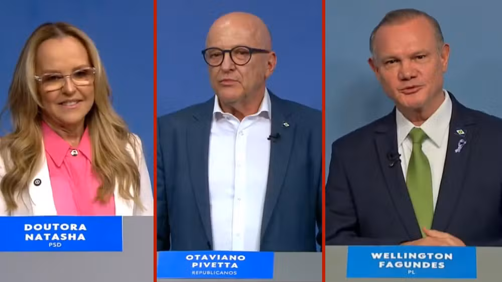 Dra. Natasha, Otaviano Pivetta e Wellington Fagundes participaram do 1° debate em MT — Foto: TVCA/reprodução