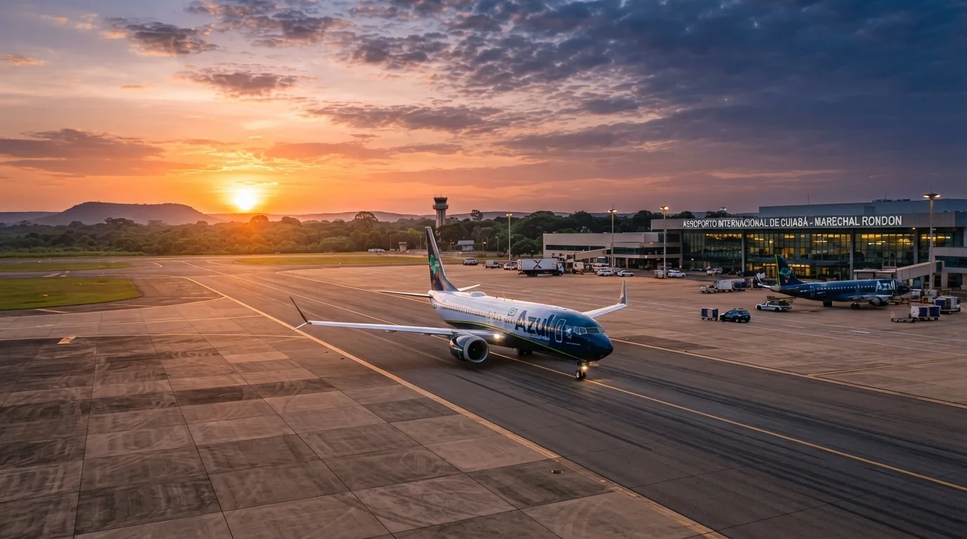 Aeronave comercial em pista de aeroporto internacional durante o entardecer