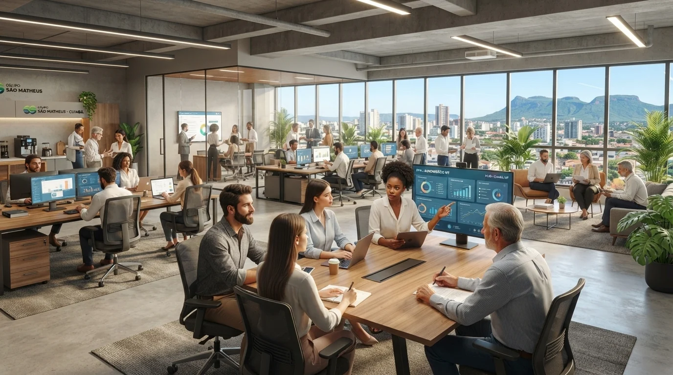 Profissionais em ambiente de trabalho corporativo moderno em Cuiabá