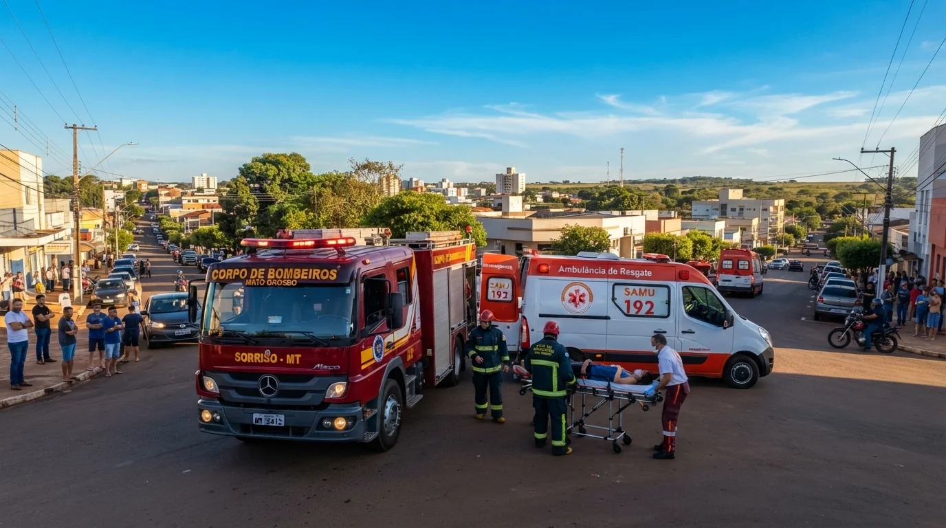 Viatura do Corpo de Bombeiros e ambulância em atendimento de emergência urbana