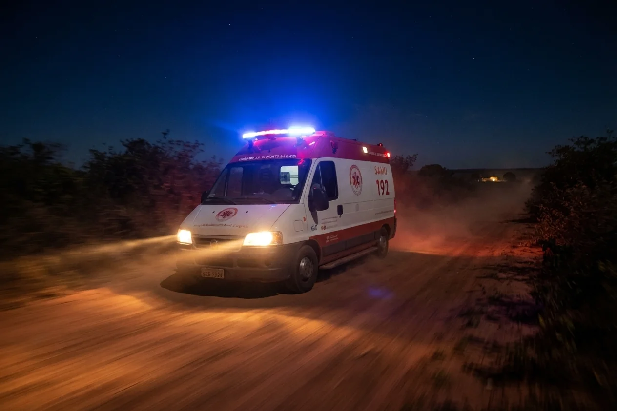 ambulância com as luzes da sirene ligadas a noite andando em alta velocidade em estrada de terra