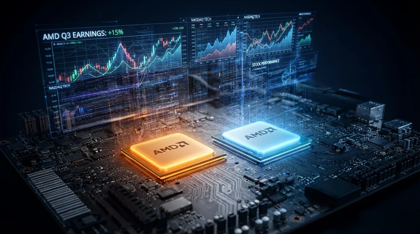 Logotipo e placas de circuito integrado de alta tecnologia da AMD com gráficos de mercado ao fundo