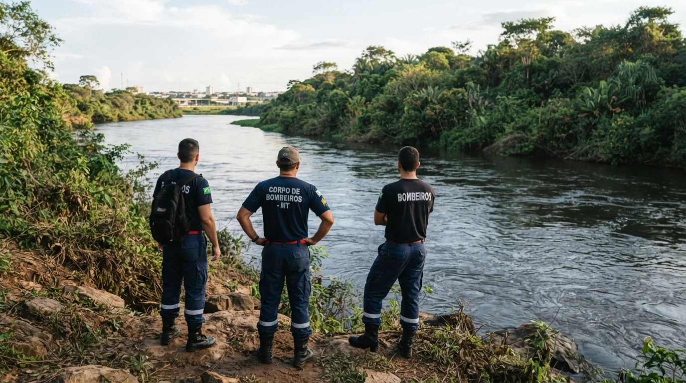 Equipe de resgate do Corpo de Bombeiros às margens de rio com vegetação densa em Rondonópolis