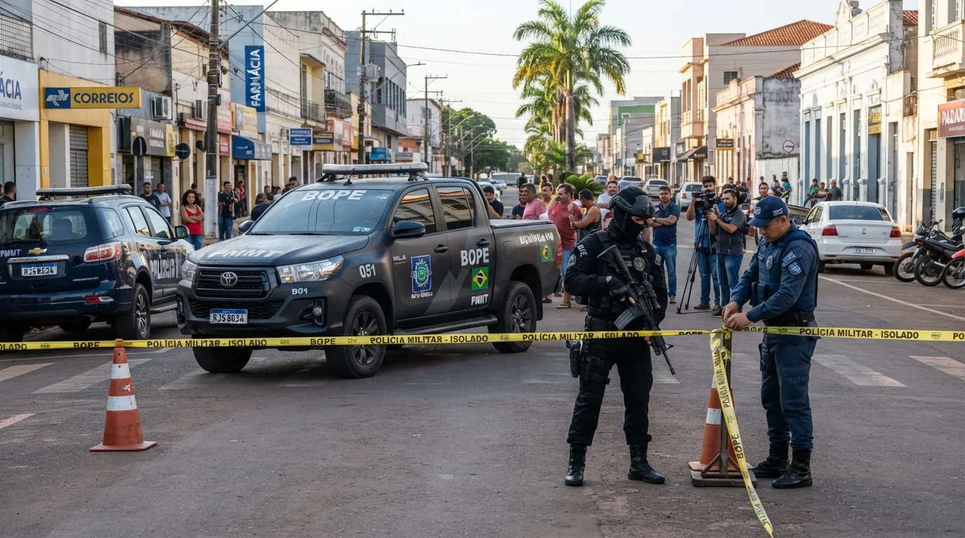 Viatura do Bope e policiais militares isolando rua com fita amarela em área urbana