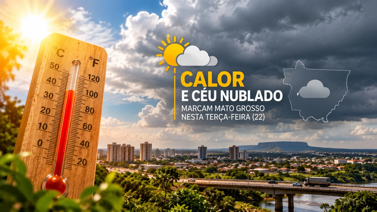 Calor e céu nublado marcam Mato Grosso nesta terça-feira (22)