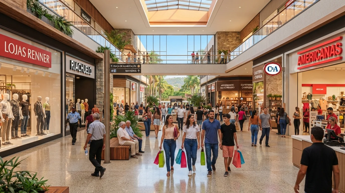 Interior de centro comercial movimentado com vitrines de lojas e consumidores circulando
