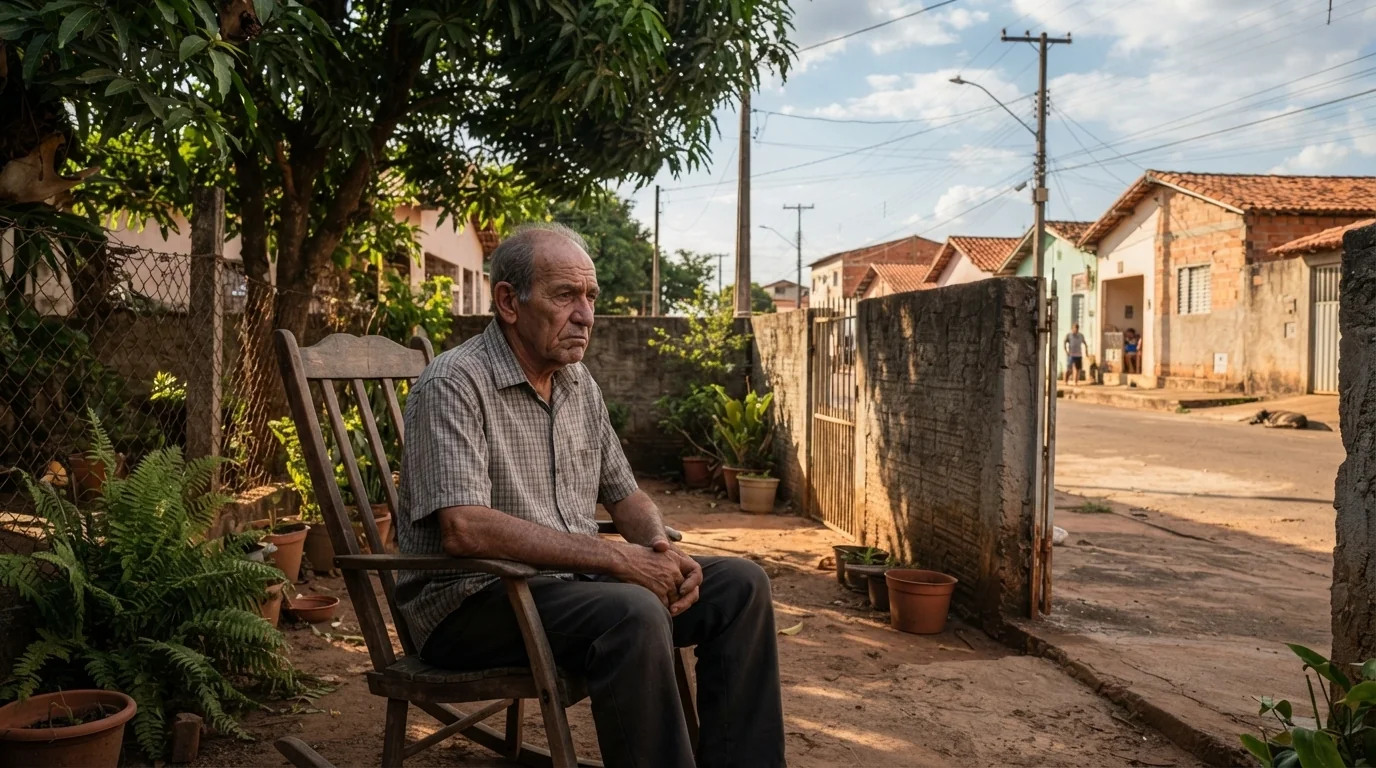 Idoso triste sentado em uma cadeira de balanço no quintal de sua casa,