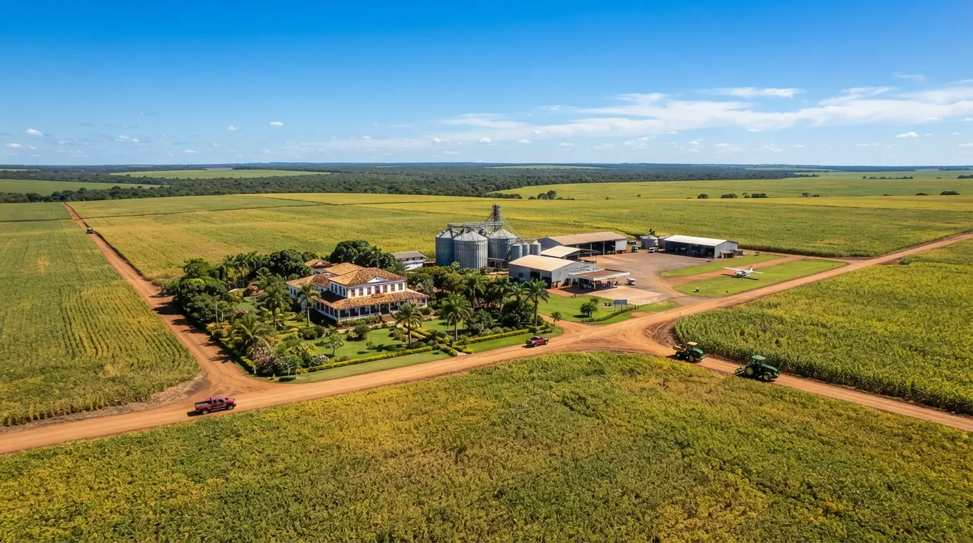 Propriedade rural com vastas plantações e sede de fazenda sob sol forte