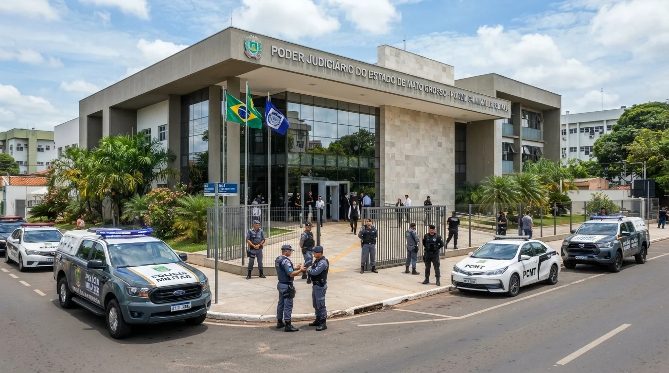 Fachada de Fórum com movimentação de segurança e viaturas policiais