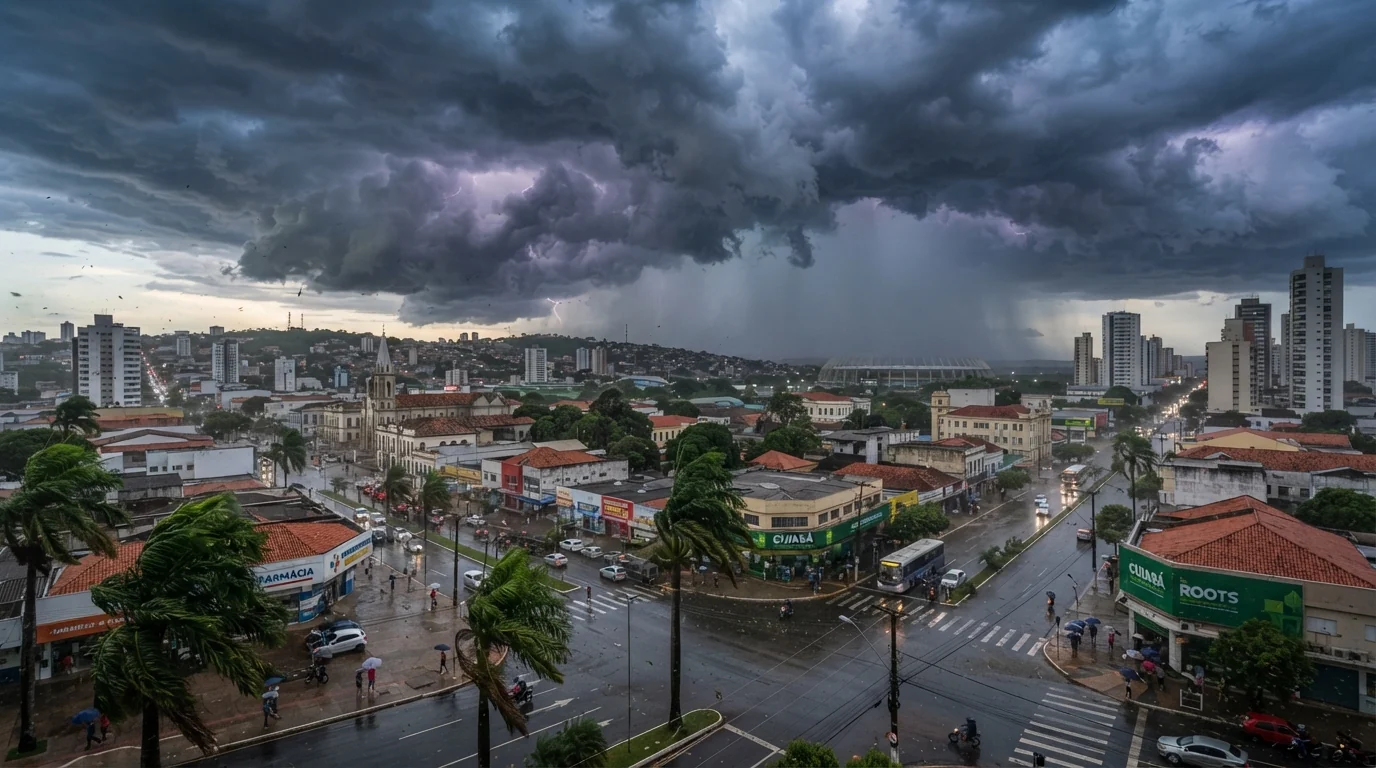 Paisagem urbana com céu nublado, nuvens carregadas de tempestade e ventania