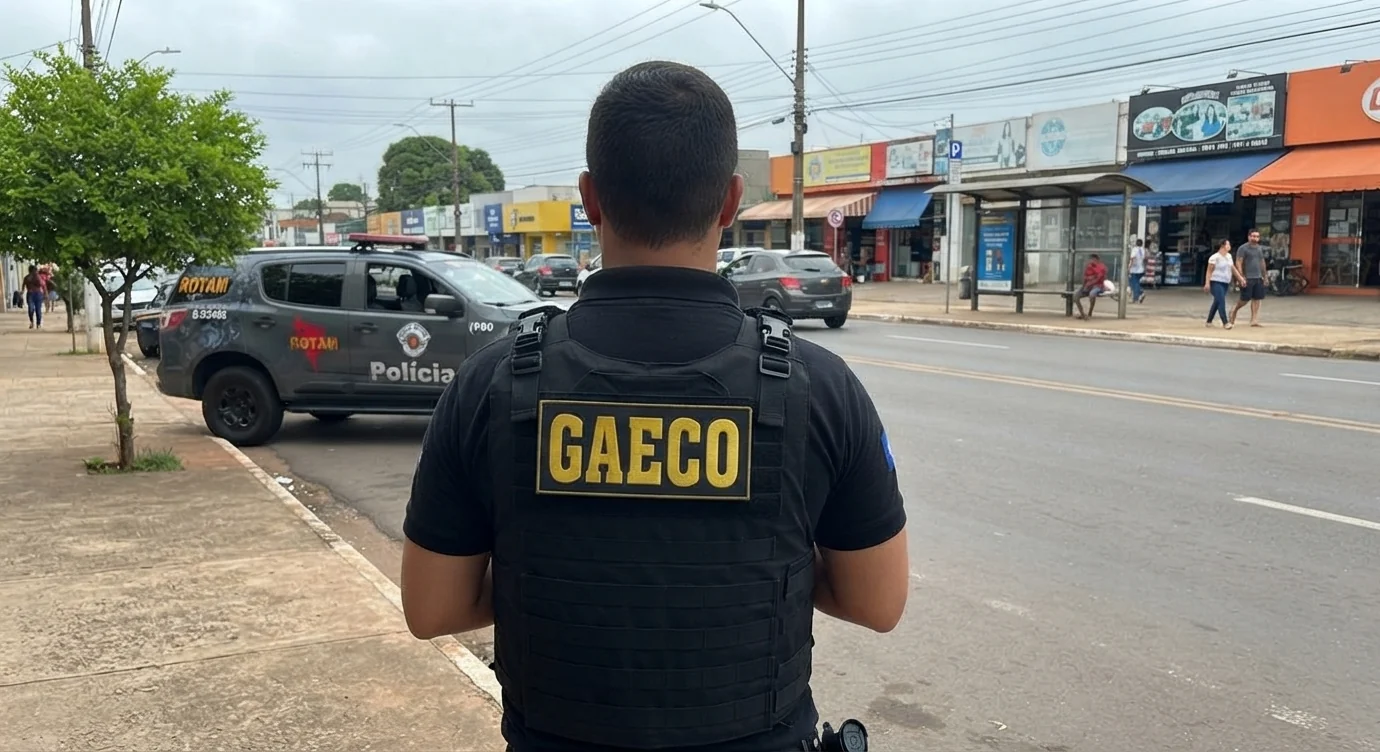 policial do gaeco de costas para a câmera olhando para uma via pública