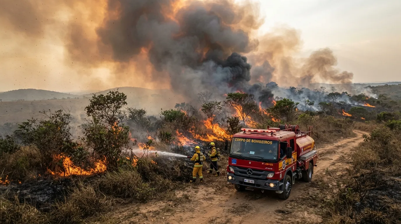 Fumaça densa e chamas em vegetação de cerrado com viatura de combate a incêndio dos bombeiros