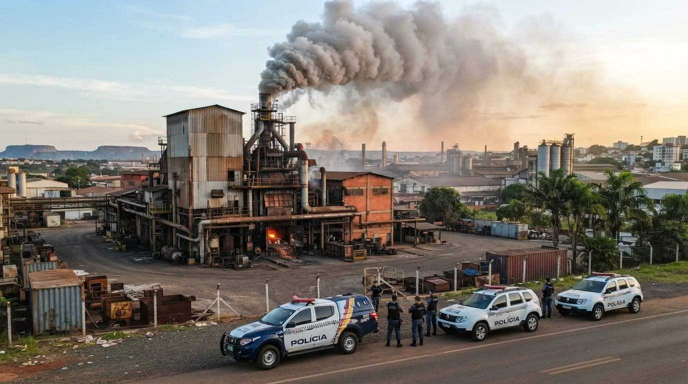 Fumaça de forno industrial em área industrial com viaturas policiais estacionadas em Cuiabá