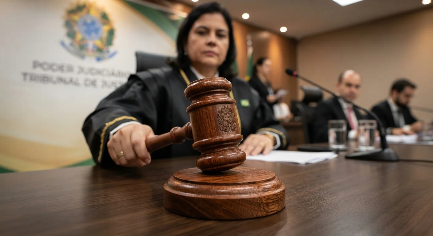 Gavel de juiz sendo batido em mesa durante julgamento