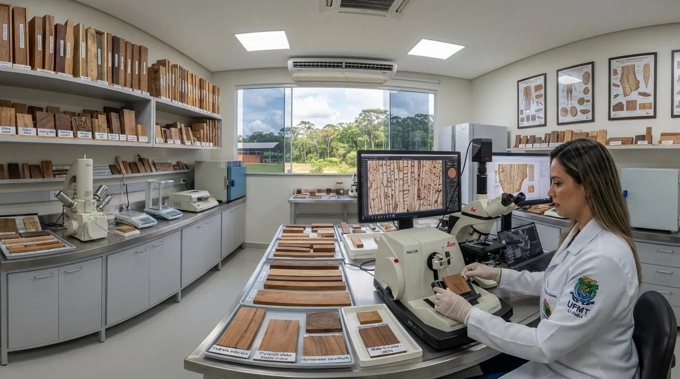 Amostras de madeira em laboratório de análise anatômica florestal com equipamentos de precisão