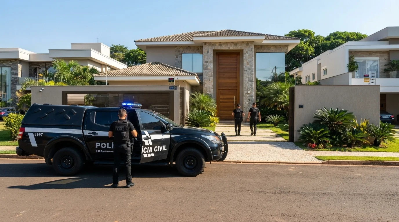 Viatura da Polícia Civil em frente a residência de alto padrão durante operação diurna