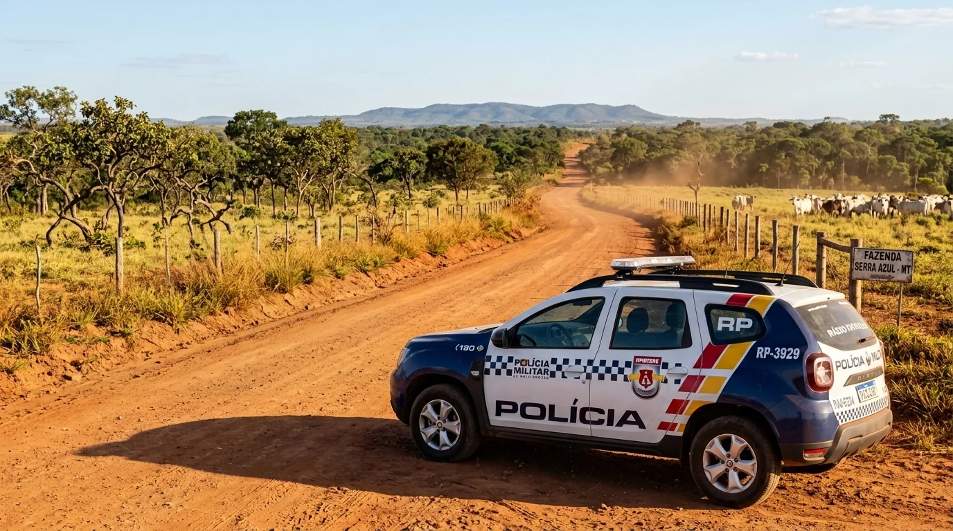 Viatura policial em estrada vicinal de terra na zona rural