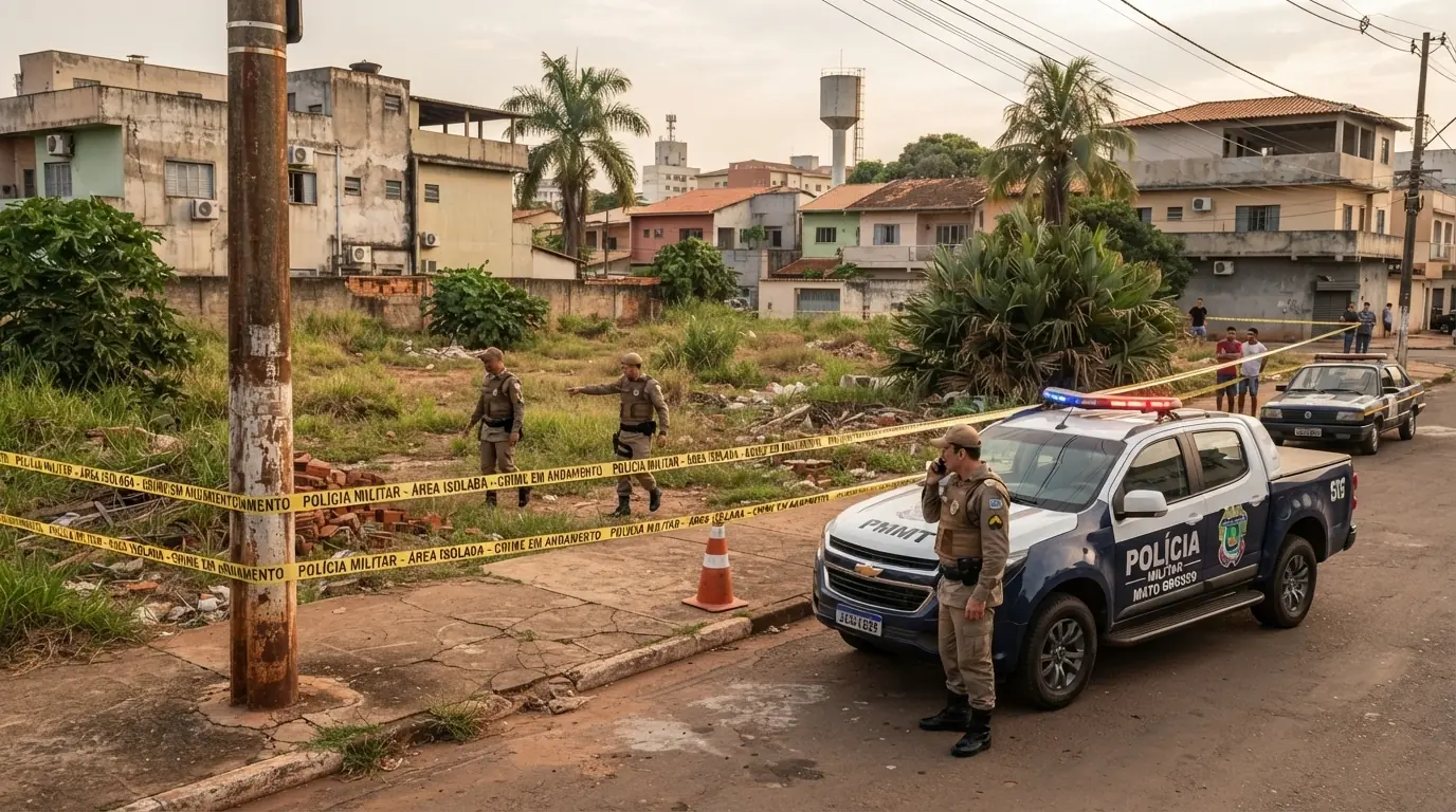Viatura policial isolando área urbana com fita de segurança em terreno baldio durante investigação