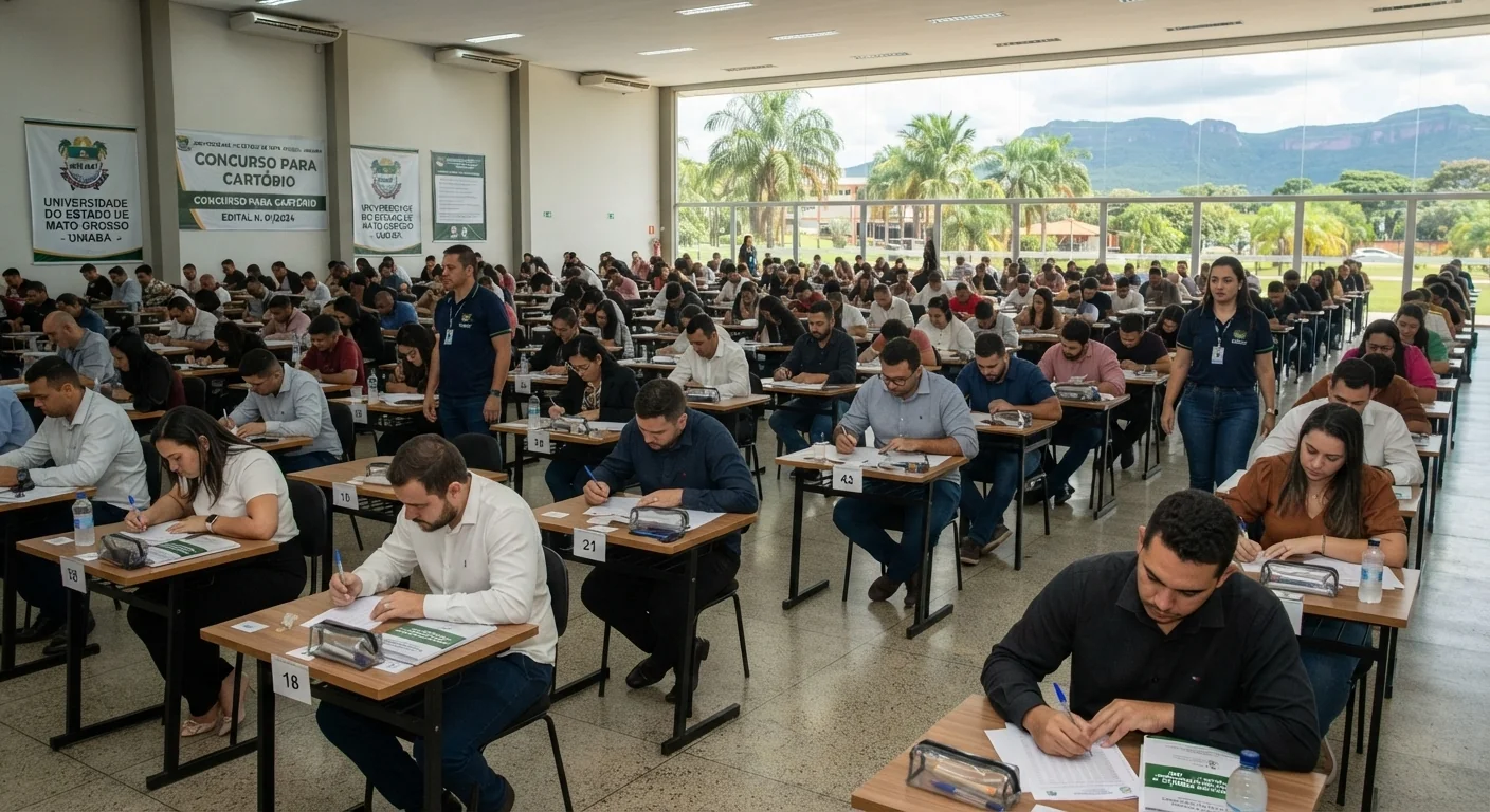 Alunos fazendo provas de concurso de cartório em universidade