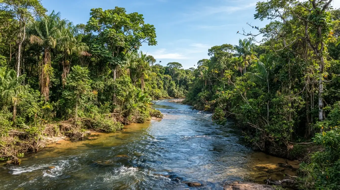 Rio com água corrente e vegetação preservada nas margens em dia ensolarado