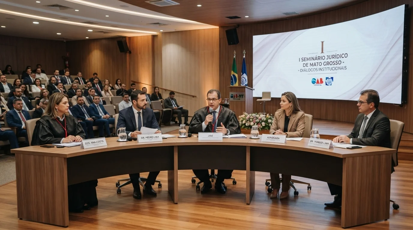 Mesa redonda institucional com autoridades jurídicas debatendo em auditório corporativo sob luz suave, Mato Grosso